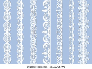 Renda bordas sem costura. Bonitas guarnições decorativas, vintage ornamento delicado, fitas brancas suaves, linhas têxteis, armações ornamentais tradicionais bordados, vetor esplêndido conjunto isolado