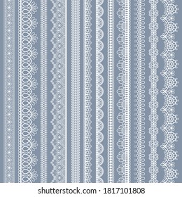 Lace seamless borders. Vintage ornamental lace strips with floral pattern, embroidered ornate eyelets handmade textile ribbons vector set. White cotton stripes for fabric and scrapbook