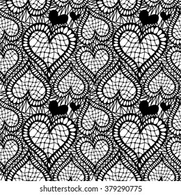 Lace seamless hand drawn vector pattern. Abstract hearts and floral motifs. Art Deco textile collection. Black.