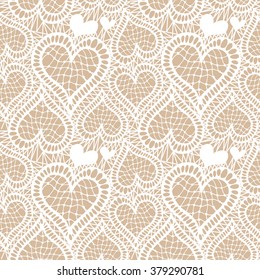 Lace seamless hand drawn vector pattern. Abstract hearts and floral motifs. Art Deco textile collection. White.