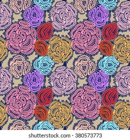 Lace seamless hand drawn vector pattern. Colorful vintage roses. Art Deco textile collection.