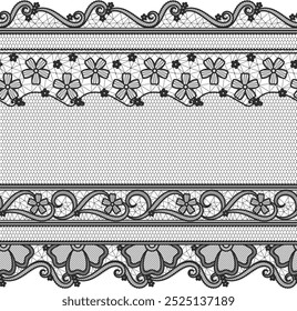 Renda a borda horizontal sem costura. Ornamento preto vintage