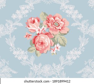 Nahtloses, orangefarbenes Damast-Element auftragen. Schlichte Rosen im Schatten. Vektorgrafik