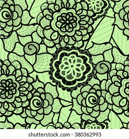 Lace seamless pattern with abstract elements. Vector floral background. Hand Drawn Texture. Decorative Flowers drawing. Doodle artwork. Black and green Zentagle illustration.Bohemian summer ornament.