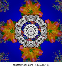 Lace seamless pattern. Anti-stress coloring for adult. Mandala flower coloring book for adults Vector illustration. Zentangle style. White, orange and blue colors.