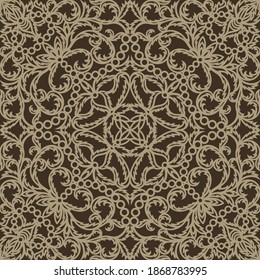 Lace seamless pattern with classic floral ornament. Light brown curls of flowers and leaves on a dark background. Repeating square texture for textiles, fabrics, wallpapers, wrapping paper, web.