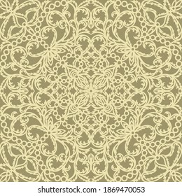 Lace seamless pattern with classic floral ornament. Light yellow curls of flowers and leaves on a gold background. Repeating square texture for textiles, fabrics, wallpapers, wrapping paper, web. 