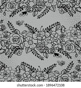 Lace seamless  pattern with flowers. Black lace on gray background