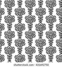 Lace seamless pattern with flowers. Black and white lace floral background.