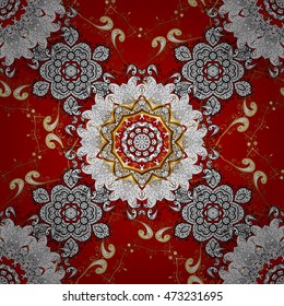 Lace seamless pattern with flowers and golden doodles on red background. Vector illustration.