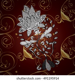 Lace seamless pattern with flowers and golden doodles on red background. Vector illustration.