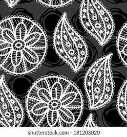 Lace seamless pattern with flowers and leaves on black background. vector