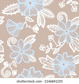 Lace seamless pattern with flowers and leaves. Vector