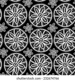 Lace seamless pattern with flowers and leaves. black and white background. Vector