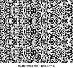 Lace seamless pattern with flowers on white background. Lace repeating floral pattern. Orient traditional background. Unusual ornament. Indian, islamic, asian, ottoman, arabic motif. 