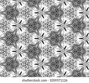 Lace seamless pattern with flowers on white background. Lace repeating floral pattern. Orient traditional background. Unusual ornament. Indian, islamic, asian, ottoman, arabic motif. 