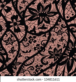 Lace seamless pattern with flowers on beige background