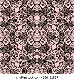 Lace seamless pattern with flowers on gentle pink background