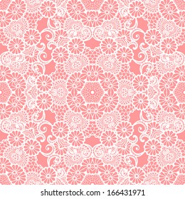 Lace seamless pattern with flowers on gentle pink background