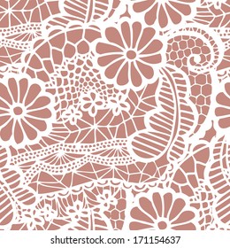Lace seamless pattern with flowers on beige background