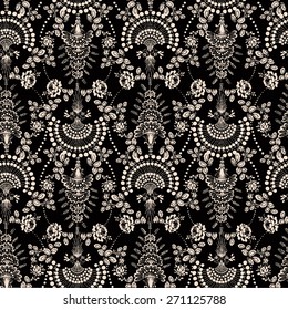 Lace seamless pattern with flowers on black background