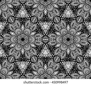 Lace seamless pattern with flowers on white background. Lace repeating floral pattern  Orient traditional background. Lace unusual ornament. Indian, islamic, asian, ottoman, arabic motif. 