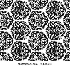 Lace seamless pattern with flowers on white background. Lace repeating floral pattern. Orient traditional background. Unusual ornament. Indian, islamic, asian, ottoman, arabic motif. 