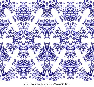 Lace seamless pattern with flowers on white background. Lace repeating floral pattern  Orient traditional background. Unusual ornament. Indian, islamic, asian, ottoman, arabic motif. 