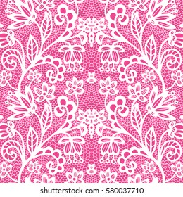 Lace seamless pattern with flowers on pink background
