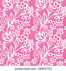 Lace seamless pattern with flowers on pink background