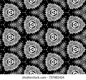 Lace seamless pattern with flowers on white background. Lace repeating floral pattern. Orient traditional background. Unusual ornament. Indian, islamic, asian, ottoman, arabic motif. 