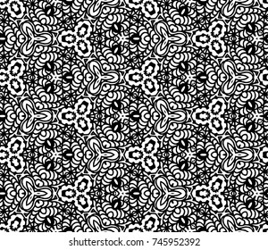 Lace seamless pattern with flowers on white background. Lace repeating floral pattern. Orient traditional background. Unusual ornament. Indian, islamic, asian, ottoman, arabic motif. 