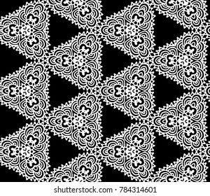 Lace seamless pattern with flowers on white background. Lace repeating floral pattern. Orient traditional background. Unusual ornament. Indian, islamic, asian, ottoman, arabic motif. 