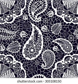 Lace seamless pattern with flowers paisley on black background - illustration
