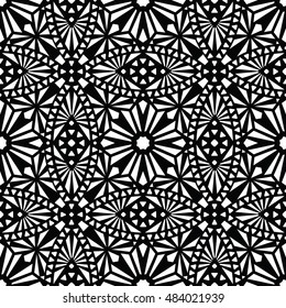  Lace seamless pattern. Geometric textile template. Black and white background. Stencil art.