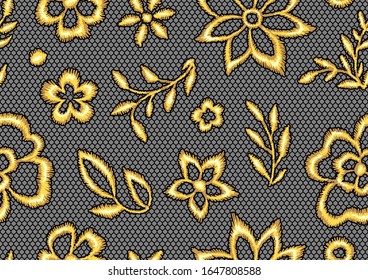 Lace un patrón impecable con flores doradas. Borde dorado vintage en la cuadrícula de textura de encaje.