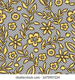 Nahtloses Muster mit goldenen Blumen. Vintage goldene Stickerei auf lackiertem Texturgitter.