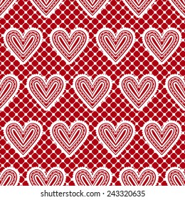 Lace seamless pattern with hearts in red and white colors. Love and romantic themes. Vector illustration.