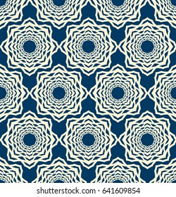 Lace seamless pattern with mosaic ornament composed of repeating symmetry white elements on blue background flat vector Illustration