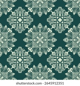Lace seamless pattern on green background. Traditional, ethnic, motifs. Mandala oriental ornament. Vector design for printing on fabric or paper. Hand drawn background. 