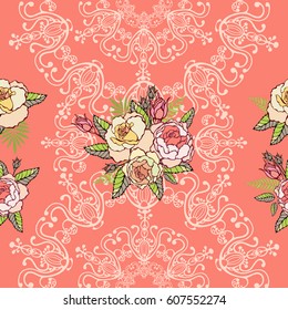 Lace seamless pattern. Rose floral background. Shabby Chic Rose Pattern. Flower ornament.