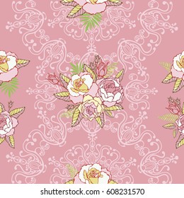 Lace seamless pattern. Rose floral background. Shabby Chic Rose Pattern. Flower ornament.