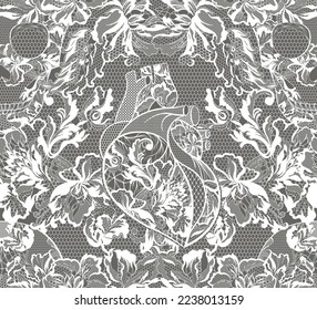 lace seamless pattern, skull, heart, flowers