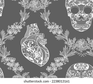 lace seamless pattern, skull, heart, flowers