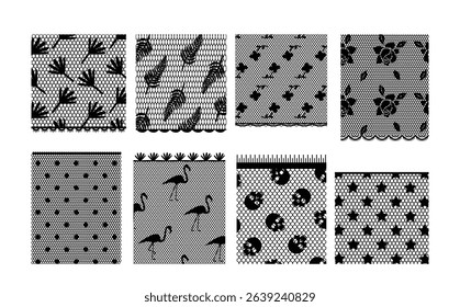 Lace seamless pattern textile pieces with decorative embroidery design isolated set on white background. Fabric cloth grid surface backgrounds with craft embellishment print vector illustration