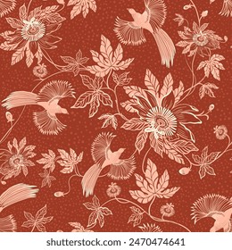 Lace.  Seamless pattern of tropical flowers and parrots. Chinoiserie, oriental pattern. 