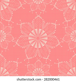 Lace seamless pattern, vector illustration, flowers on grid, pink background, vintage design