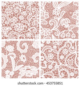 Lace seamless patterns with flowers on beige background