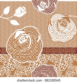 Lace seamless vector pattern. Abstract roses, floral ornaments, classical border. Art Deco textile collection. White on beige.