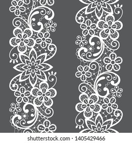 Lace seamless vector pattern, repetitive ornamental textile or embroidery design in white on gray background. Embroidery decoration inspired by French and English lace art, vintage style - wedding